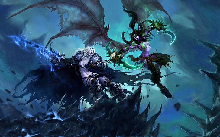 Tapete mit zwei Mädchencharakteren, Rollenspiel, Arthas, Illidan Stormrage, World of Warcraft: Der Zorn des Lichkönigs, Genderswap, World of Warcraft, Fantasy-Mädchen, Videospiele, HD-Hintergrundbild