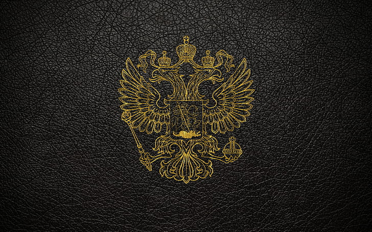 leather, scratches, gold, black background, coat of arms, Russia, coat of arms of Russia, HD wallpaper