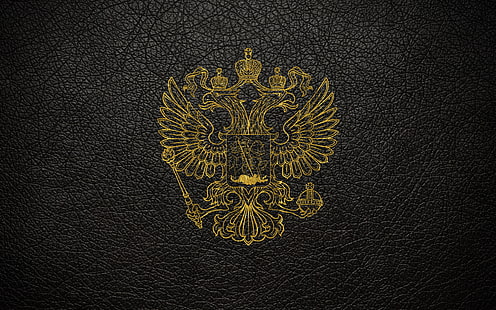  leather, scratches, gold, black background, coat of arms, Russia, coat of arms of Russia, HD wallpaper HD wallpaper