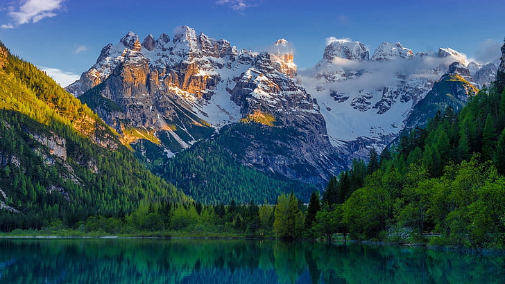 alpler dağcı, kar, göl, bahar dağlarının görünümü, HD masaüstü duvar kağıdı