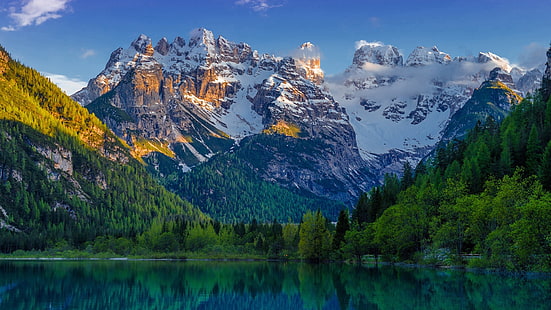 アルプスの登山家、雪、湖、春の山の景色、 HDデスクトップの壁紙 HD wallpaper
