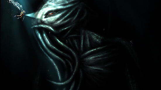 grafica del mostro marino, Cthulhu, creatura, sott'acqua, subacquei, horror, H. P. Lovecraft, Sfondo HD HD wallpaper