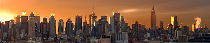 кафяви и бели високи сгради, Ню Йорк, троен екран, широкоъгълен, град, градски пейзаж, изгрев, Манхатън, небостъргач, HD тапет