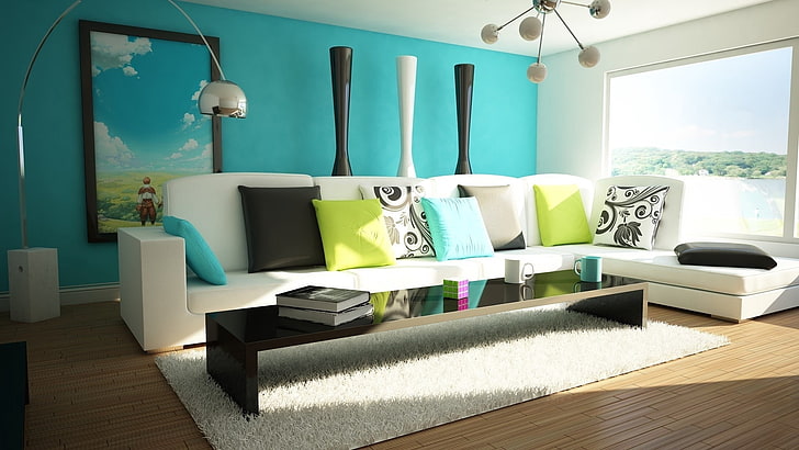 white sectional sofa, living room, bathroom, furniture, bright, modern, HD wallpaper