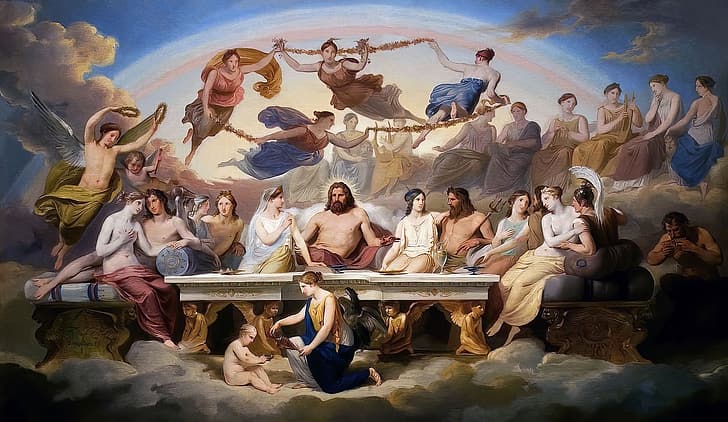 Banquete de los dioses, Carlo Bellosio, mitología griega, griego antiguo, arte clásico, pintura, Fondo de pantalla HD