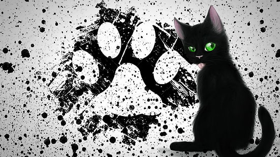 black cat illustration, painting, paws, cat, black cats, kittens, paint splatter, HD wallpaper HD wallpaper