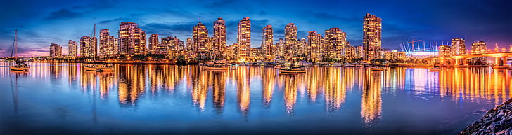 Reflexion, Gebäude, Yachten, Kanada, Panorama, Vancouver, Nachtstadt, British Columbia, Bay Burrard, Burrard Inlet, HD-Hintergrundbild