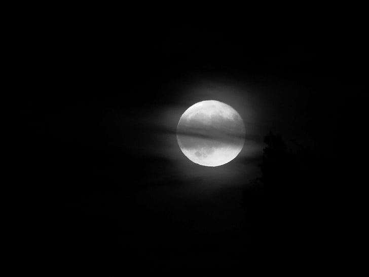 black and white, clouds, dark clouds, moon, HD wallpaper