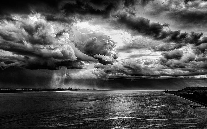 nature landscape storm rain monochrome clouds river dock water, HD wallpaper