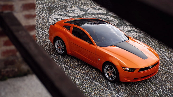 Ford Mustang, car, orange, closeup, HD wallpaper