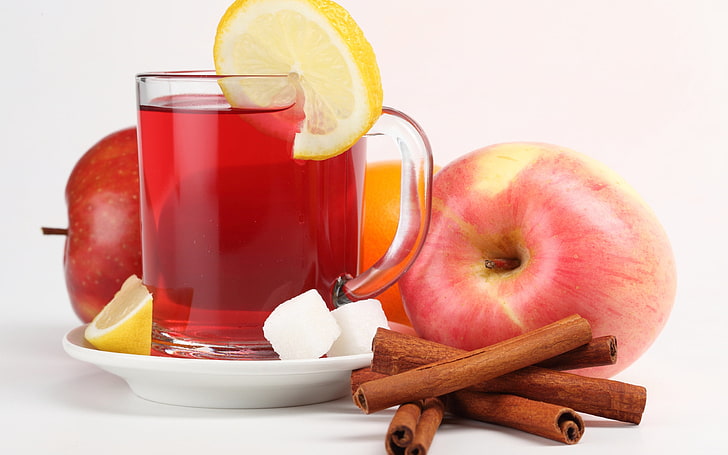 two red apples and cinnamon, lemon, tea, cups, saucers, sugar, drink, HD wallpaper