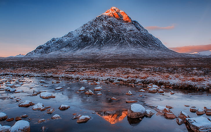 in distance photo of gray mountain, Fire, Peak, distance, photo, gray mountain, Buachaille Etive Mor, Scotland, morning, mountains, Glencoe, sunrise, West Highlands, reflection, reflections, snow, ice, nature, mountain, iceland, landscape, outdoors, scenics, HD wallpaper