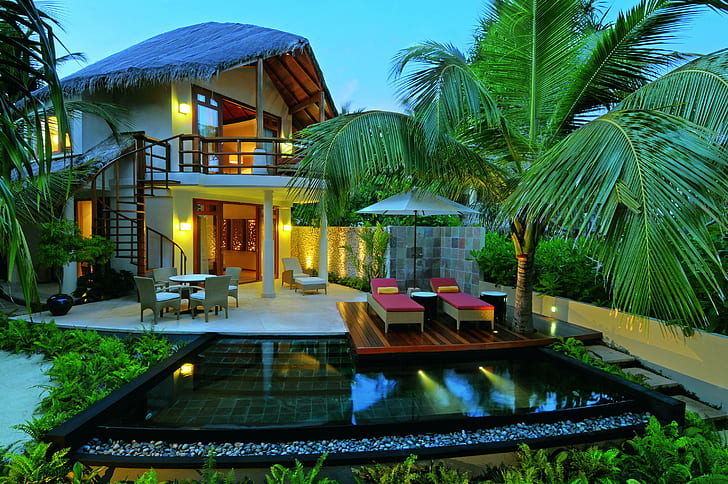 Luxuosa Beach Villa, piscina subterrânea emoldurada preta, palmeiras, tropical, ilhas, luxuosa, arquitetura, praia, moderna, vila, luxo, paraíso, piscina, HD papel de parede