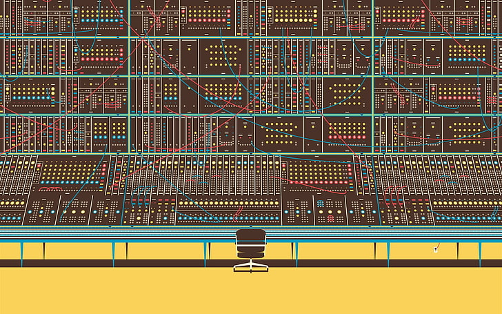 circuit diagram illustration, music, moog, digital art, vintage, synthesizer, computer, Retro computers, color codes, HD wallpaper