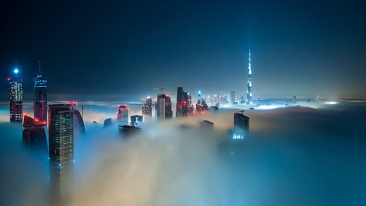 uae, mist, misty, foggy, cloudy, clouds, fog, skyscraper, asia, cityscape, united arab emirates, night, dubai, skyline, metropolis, city, burj khalifa, HD wallpaper