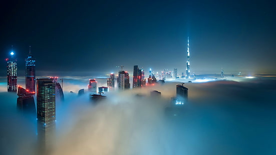 uae, หมอก, มีหมอก, เต็มไปด้วยหมอก, มีเมฆมาก, เมฆ, หมอก, ตึกระฟ้า, เอเชีย, cityscape, สหรัฐอาหรับเอมิเรตส์, กลางคืน, ดูไบ, เส้นขอบฟ้า, มหานคร, เมือง, Burj Khalifa, วอลล์เปเปอร์ HD HD wallpaper