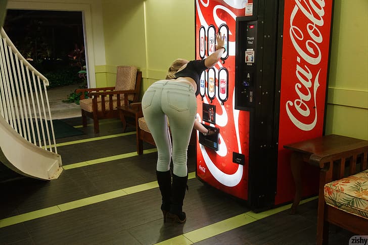 Pearla Soonin, women, model, ass, jeans, Coca-Cola, bent over, from behind, boots, indoors, zishy, HD wallpaper