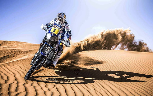 blå och svart motocross smutscykel, sand, sport, hastighet, dag, motorcykel, racer, moto, rally, Dakar, dyn, HD tapet HD wallpaper