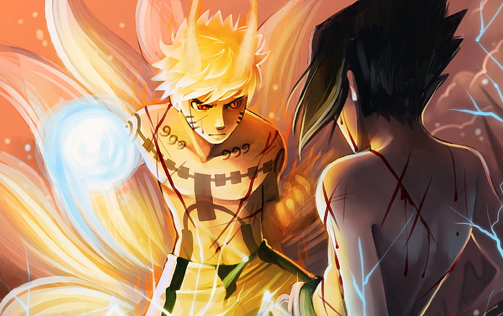 Naruto and Sasuke digital wallpaper, blood, guys, Sasuke, Naruto, Uchiha, Uzumaki, tails. scratches, HD wallpaper