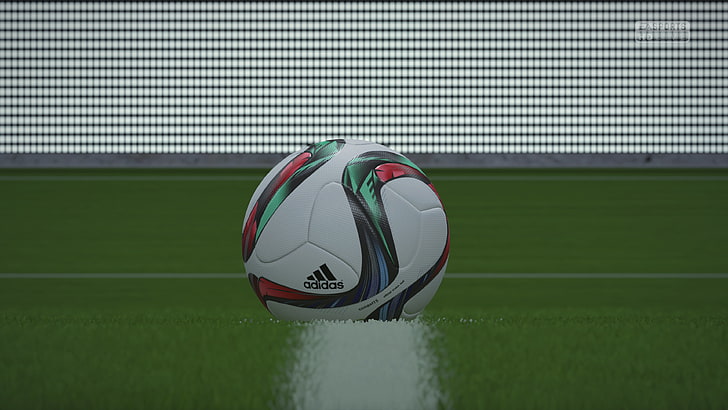 white, green, and red adidas soccer ball, footballers, video games, ball, soccer, FIFA 16, HD wallpaper