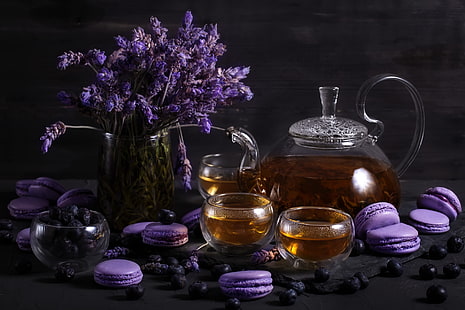 Cibo, tè, tazza, macaron, natura morta, teiera, Sfondo HD HD wallpaper