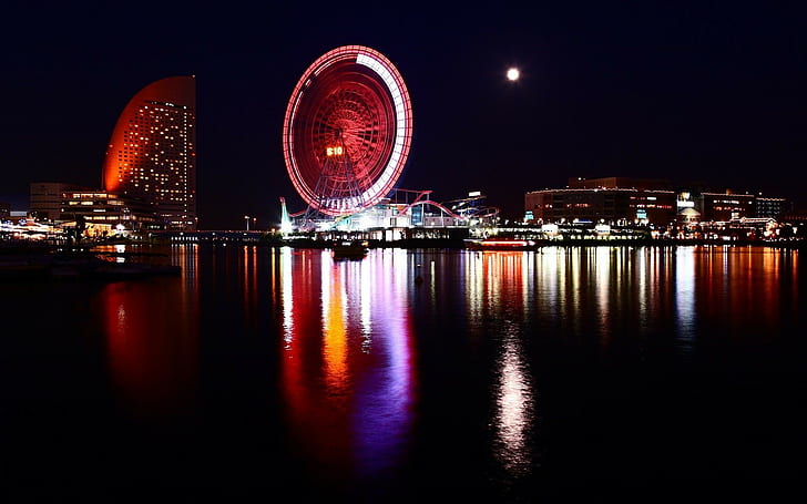 Ночное Здание Токио Колесо Обозрения Океан HD, океан, ночь, городской пейзаж, здание, колесо обозрения, Токио, HD обои