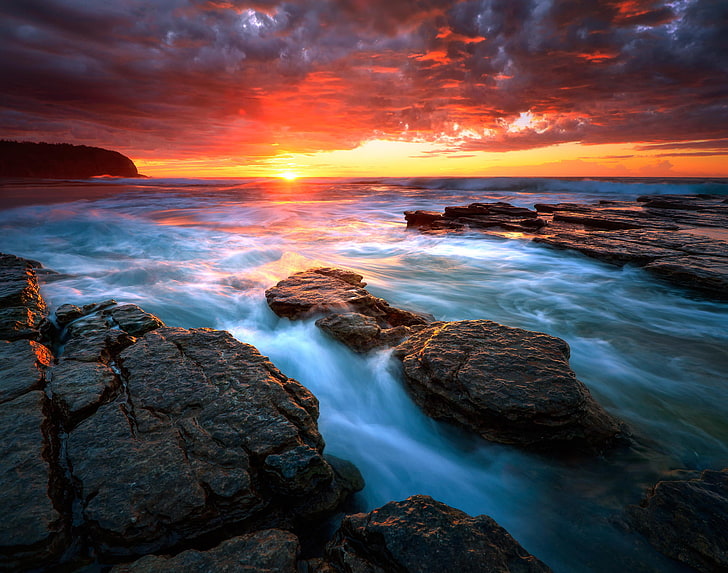 body of water, sea, water, the sun, sunrise, rocks, beach, Sydney, Seascape, Rising sun, Turimetta, vawes, HD wallpaper