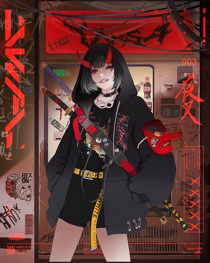 Gharliera, cyberpunk, cybernetics, anime girls, school uniform, HD wallpaper