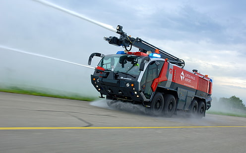 camión de bomberos negro, rojo y blanco, Rosenbauer, bombero, camión de bomberos, aeropuerto de Leipzig, vehículo, Fondo de pantalla HD HD wallpaper