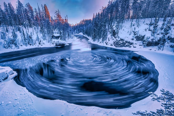 Winter, Wald, Schnee, Bäume, Fluss, Hütte, Haus, Finnland, Lappland, Nationalpark Oulanka, Река Оуланка, Fluss Oulanka, HD-Hintergrundbild