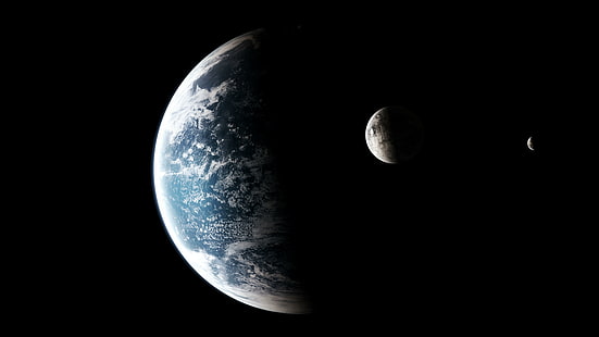 arte espacial, planeta, lua, arte de fantasia, ficção científica, futurista, como a terra, luas gêmeas, espaço sideral, lua gêmea, noite, 8k uhd, escuridão, terra, céu, 8k, HD papel de parede HD wallpaper