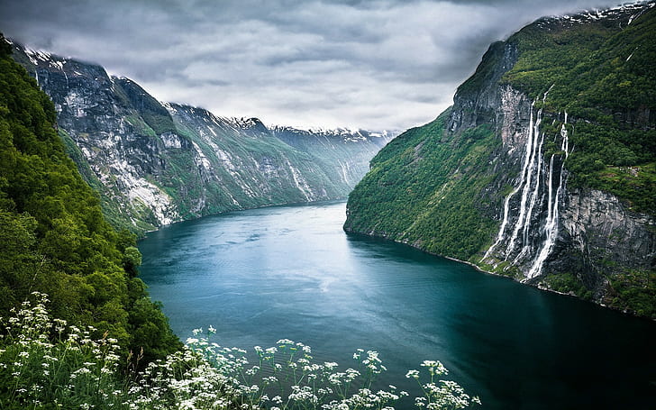 пейзаж, холмы, природа, скалы, цветы, вода, Норвегия, Гейрангер, водопад Семь сестер, водопад, фьорд, HD обои