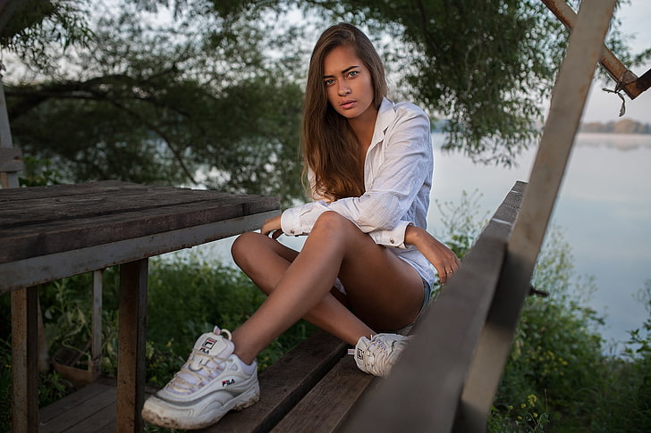 Dmitry Shulgin, sitting, legs, women outdoors, women, model, HD wallpaper