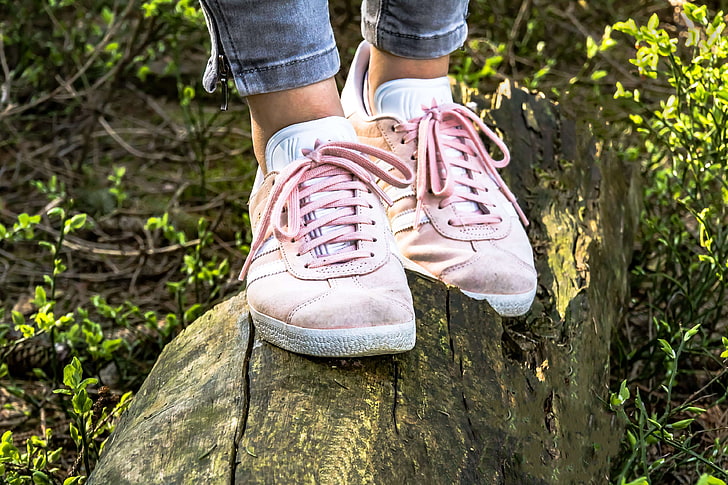 balance, beautiful, close up, girl, grass, log, outdoors, outside, park, person, pink, shoe strap, shoes, sneakers, sports shoes, sporty, suede, summer, walk, wear, woman, wood, young, HD wallpaper