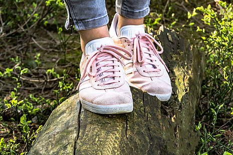 balance, beautiful, close up, girl, grass, log, outdoors, outside, park, person, pink, shoe strap, shoes, sneakers, sports shoes, sporty, suede, summer, walk, wear, woman, wood, young, HD wallpaper HD wallpaper