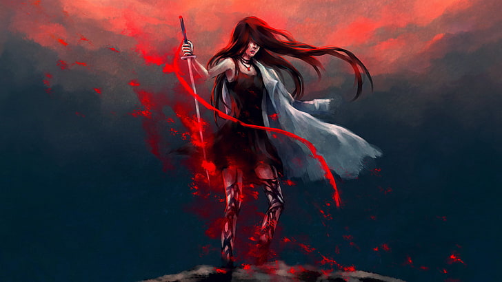 red-haired female fictional character digital wallpaper, katana, women, artwork, digital art, redhead, blood, fictional characters, HD wallpaper