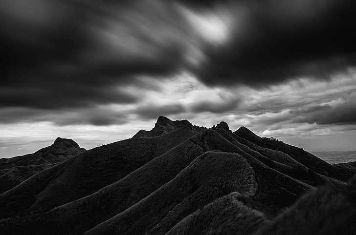 grayscale mountains, mountain, hill, bw, black, clouds, batangas, philippines, HD wallpaper