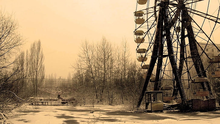 gelo, città fantasma, europa, ucraina, paesaggio, parco divertimenti di pripyat, abbandonato, fotografia, fotografia in bianco e nero, inverno, centrale nucleare, radiazione, congelamento, chernobyl, neve, pripyat, cielo, albero, Sfondo HD