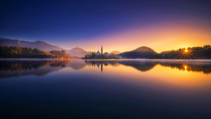 landscape photo of river, nature, lake, reflection, sunrise, clouds, church, island, Slovenia, Lake Bled, HD wallpaper