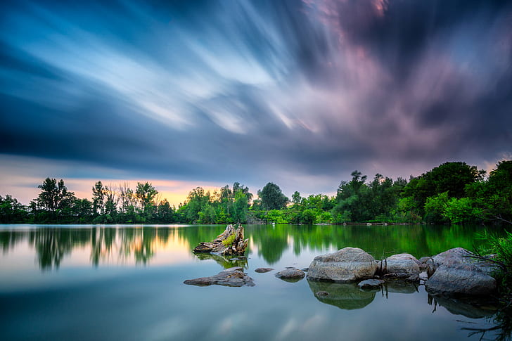 time-lapse reflection photography of trees and river, reflection, time-lapse, photography, trees, river, SunSet, Long Exposure, Swan Lake, Markham  Ontario, Canada, nature, lake, tree, landscape, outdoors, sky, forest, water, scenics, summer, blue, HD wallpaper