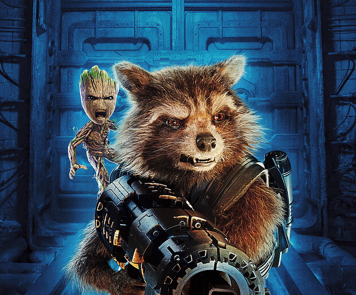 Ракета и бебе Groot, оръжия, фантастика, миеща мечка, плакат, Rocket, Groot, Guardians of the Galaxy Vol. 2, Пазителите на галактиката. Част 2, HD тапет