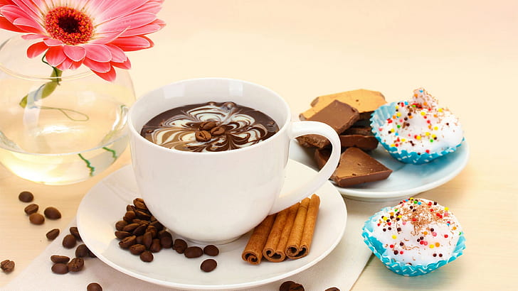 Caffè, cioccolato, gerbera, torta, tazza, tazza da tè in ceramica bianca con piattino, caffè, cioccolato, gerbera, torta, tazza, Sfondo HD