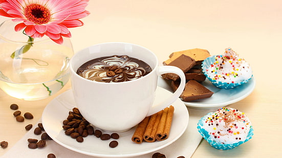 Kaffee, Schokolade, Gerbera, Kuchen, Tasse, weiße Keramik-Teetasse mit Untertasse, Kaffee, Schokolade, Gerbera, Kuchen, Tasse, HD-Hintergrundbild HD wallpaper