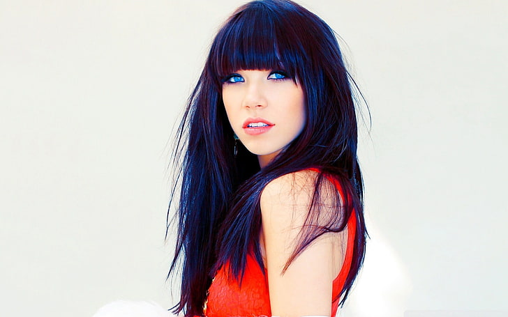 Carly Rae Jepsen, women, singer, blue eyes, looking at viewer, face, blue hair, simple background, HD wallpaper