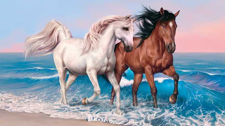 Two white and brown running horses, horses, 4k, HD wallpaper, run, sea |  Wallpaperbetter