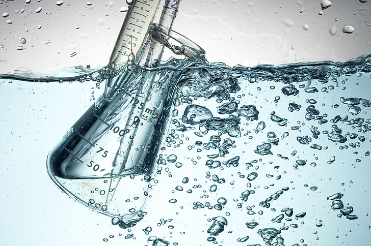 clear glass bottle, water, underwater, water drops, bubbles, glass, chemistry, numbers, pipette, measuring cup, HD wallpaper