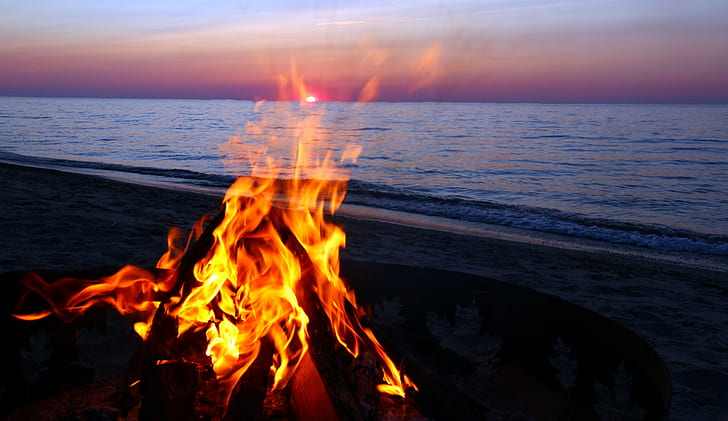 плаж, огън, небе, вода, HD тапет