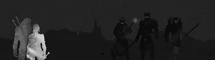 човек, който държи илюстрация на меч, Вещицата, Вещицата 3: Див лов, Гералт от Ривия, Цирила Фиона Елен Рианън, видео игри, минимализъм, HD тапет
