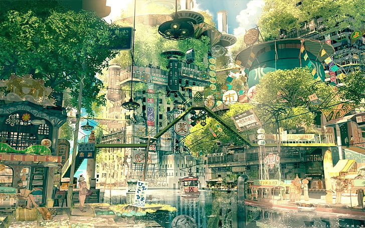 grünblättrige Baumillustration, Fantasieland, Zeichnung, Stadt, Stadtbild, Japan, fiktiv, Natur, Anime, Imperial Boy, Utopie, HD-Hintergrundbild