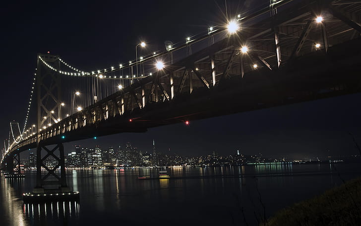 A ponte da baía à noite, oakland bay bridge, à noite, ponte, HD papel de parede